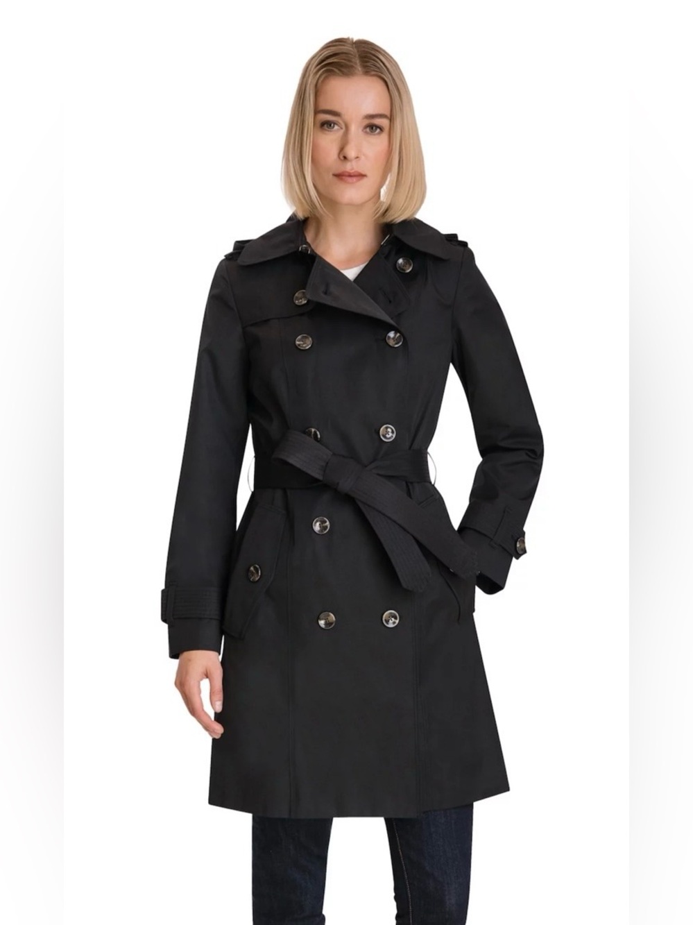 London Fog Classic Black Double-Breasted Trench Coat - Women's